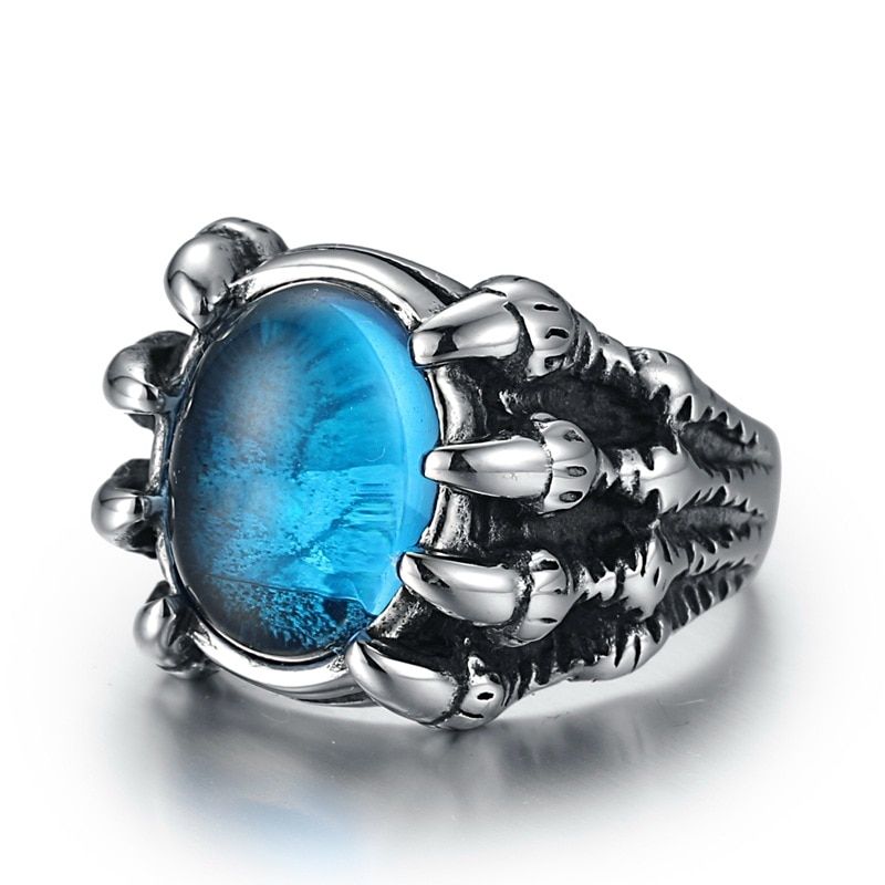 WAWFROK Fashion Stainless Steel Ring Men Skull Rings for Women Silvery Ring Man's Popular Punk Red Stone Jewelry Claw Finger
