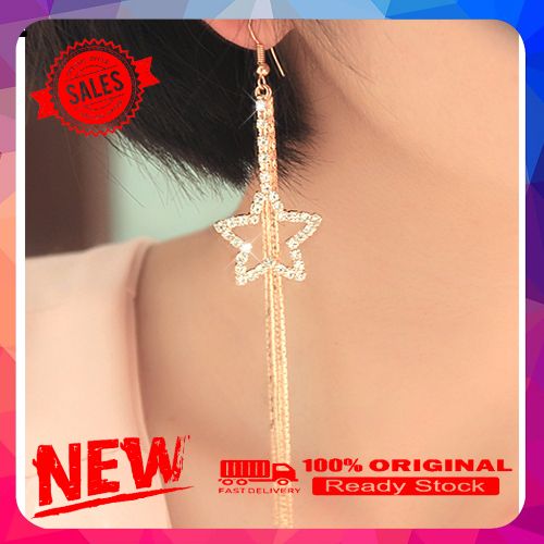 Women's Rhinestone Pentacle Star Drop Long Tassels Chain Hook Dangle Linear Earrings
