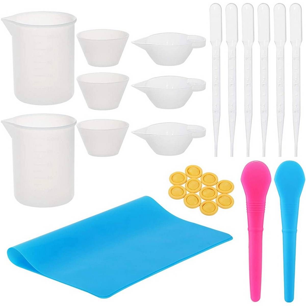 Resin Mixing Cups Kit with 100Ml Silicone Measuring Cups, Dropping Pipettes, Finger Cots, Mat DIY