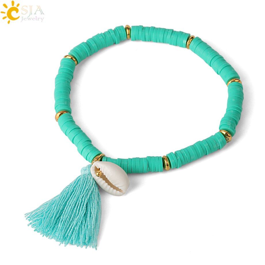 CSJA Shell Charms Polymer Clay Bracelets Rainbow for Women Summer Bracelet Fringed Tassel Pendant Beads Femme Friendship S604