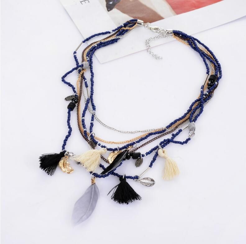 Exknl Bohemian Multi Color Feather Necklaces Beads Tassel Maxi Long Ethnic Chain Jewelry Statement Necklace For Women Collare