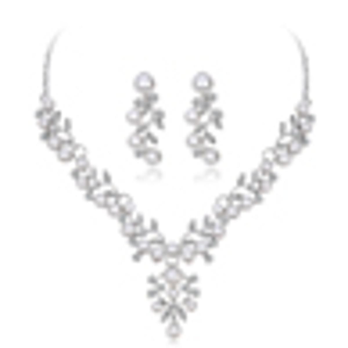 Women Elegant Faux Pearl Rhinestone Leaves Neckle Earrings Wedding Jewelry Set