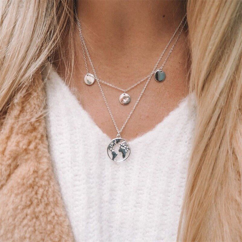 2Pcs/Set Bohemia Retro Gold Silver Color Hollow World Map Round Pendant Multilayer Necklace Girl Charm Gift Set Summer Beach