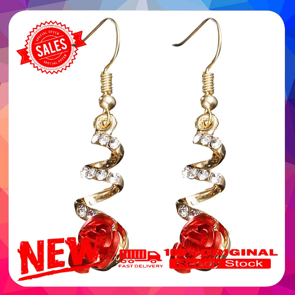 Women Fashion Red Rose Drop Rhinestone Spiral Dangle Hook Earrings Jewelry Gift