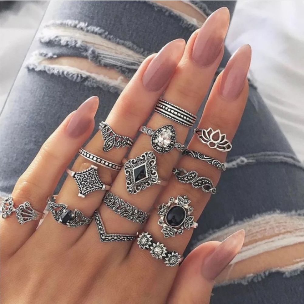 Yfashion 15Pcs/Set Bohemia Flowers Hollow Out Crown Finger Ring Set  Rings Women Jewelry Accessories ifts