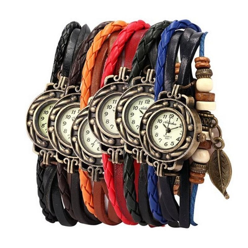 6PC Womens Bracelet Weave Wrap Quartz Leather Leaf Beads Wrist Watches - intl