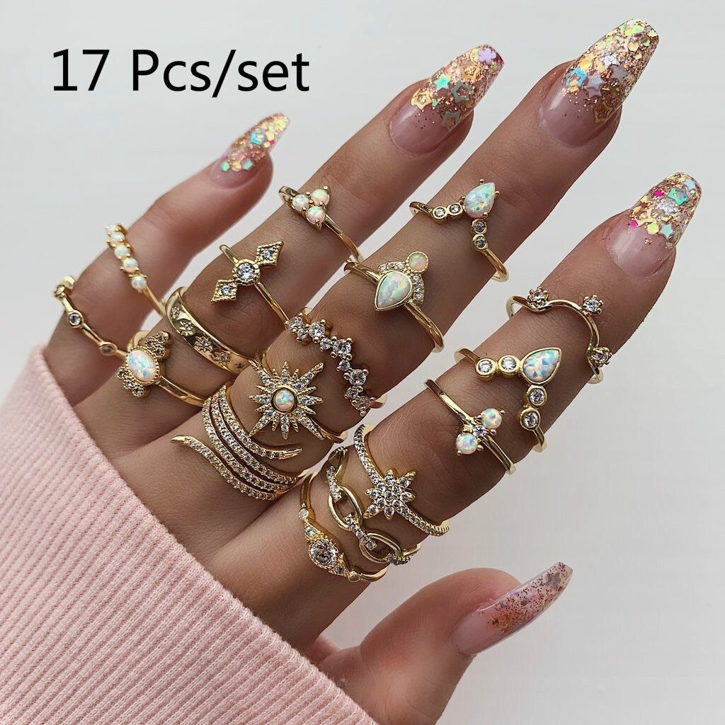 17 Pcs/ Set Bohemian Stars Water Drops Crown Waves Round Gems Crystal Ring Set Women Charm Exquisite Party Ring Jewelry Gift