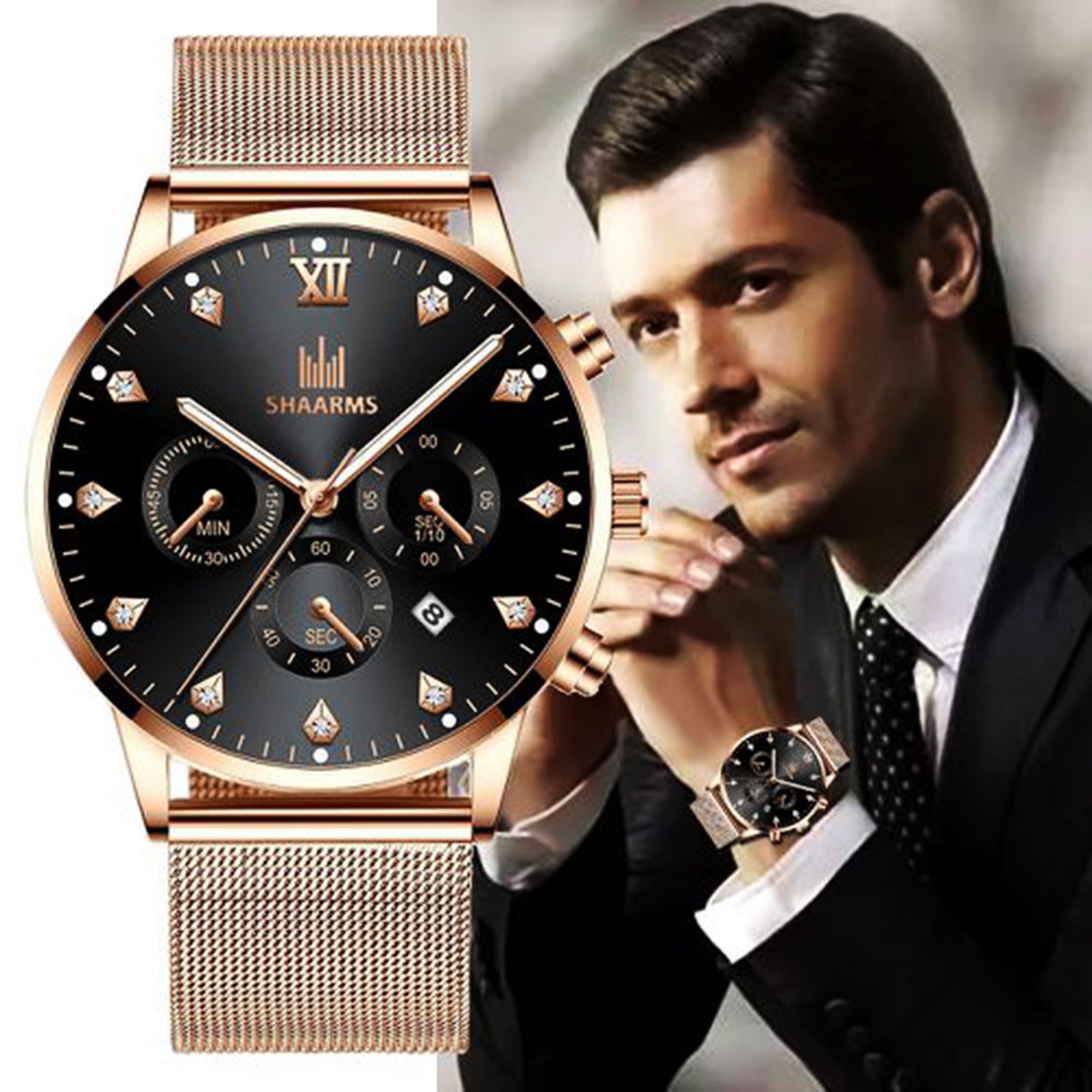 SHAARMS Men Simple Quartz Watch Mesh Strap Three-eye Calendar Wristwatch Gift