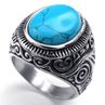 Men\'s Classic Vintage Style Big Turquoise Stainless Steel Carved Band Ring