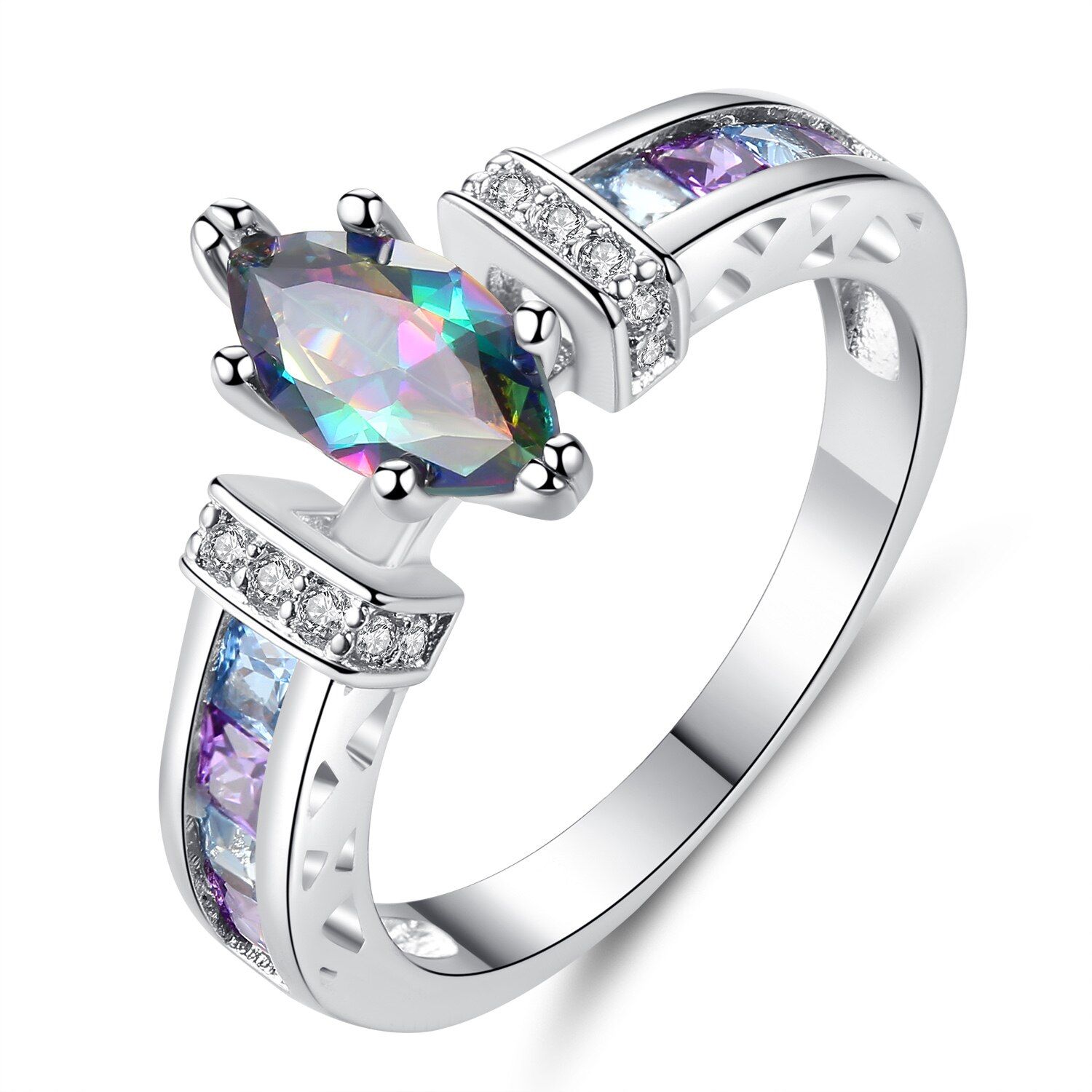 Rainbow Oval Romantic Multicolor Classic Wedding Party Ring Cubic Zirconia Bands Rings For Friend Women Jewelry Ladies Gifts