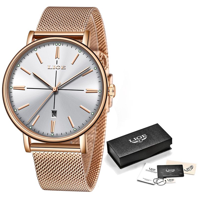 【BestGO】LIGE New Blue Watch Women Luxury Brand Fashion Dress Quartz Watch Ladies Full Steel Mesh Strap