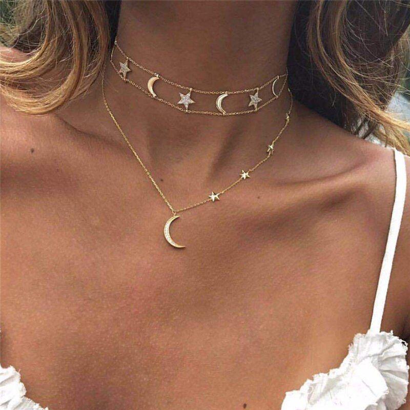 VIVILADY Trendy Star Round Disc Bar Stiker Layers Choker Necklace Women Gold Color Metal Chain Boho Accessory Jewelry Gift