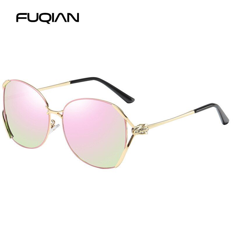 Pink PinkFUQIAN Fashion Polarized Sunglasses Women Luxury Big Metal Frame Glasses Unique Design Temple Eyewear Black Shades UV400