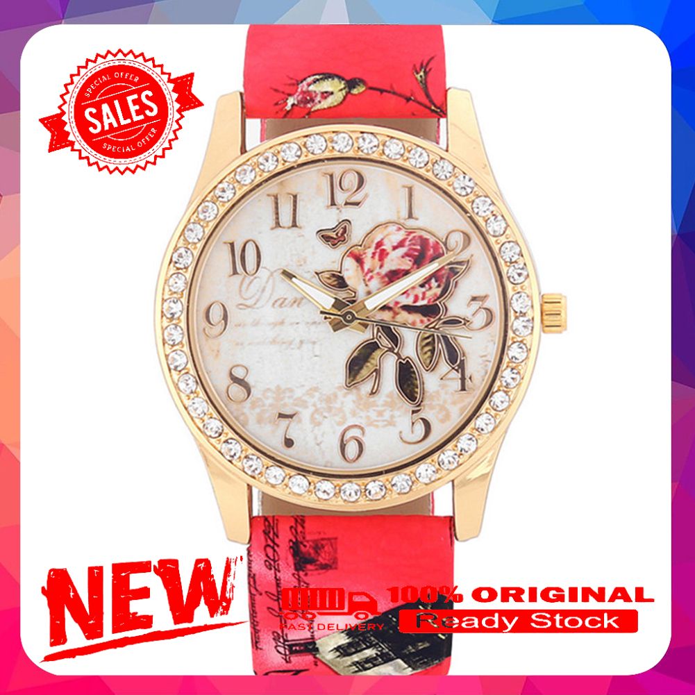 Vist Fox Fashion Women Rhinestone Wrist Watch Casual Rose Pattern Quartz Wristwatch