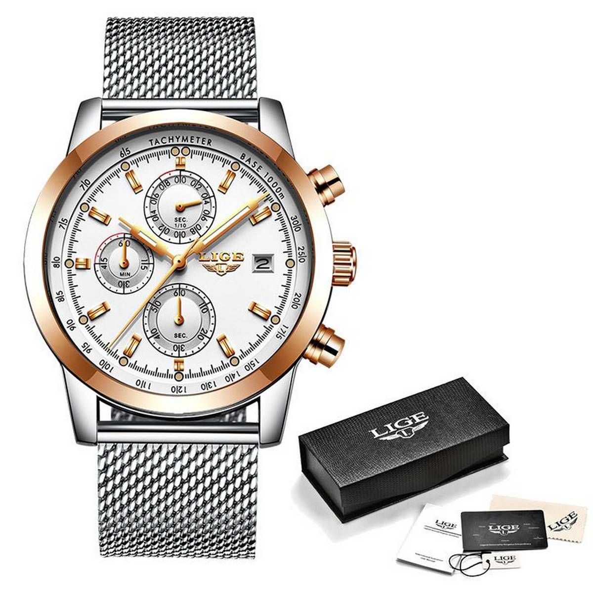 LIGE Men Waterproof Watches Fashion Casual Stainless Steel Auto Date Luminous Pointer Analog Quart Wrist Watch