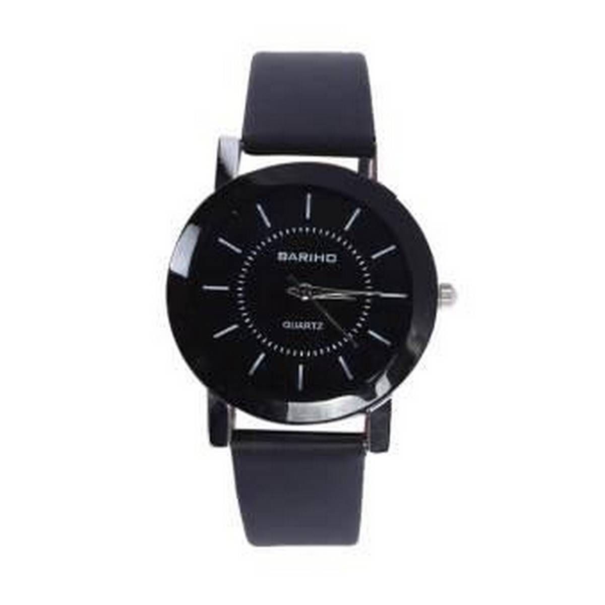 Black Leather Analog Watch for Men