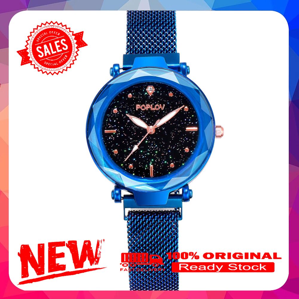 Women Starry Sky Rhinestone Round Dial Mesh Band Luminous Analog Quartz Watch