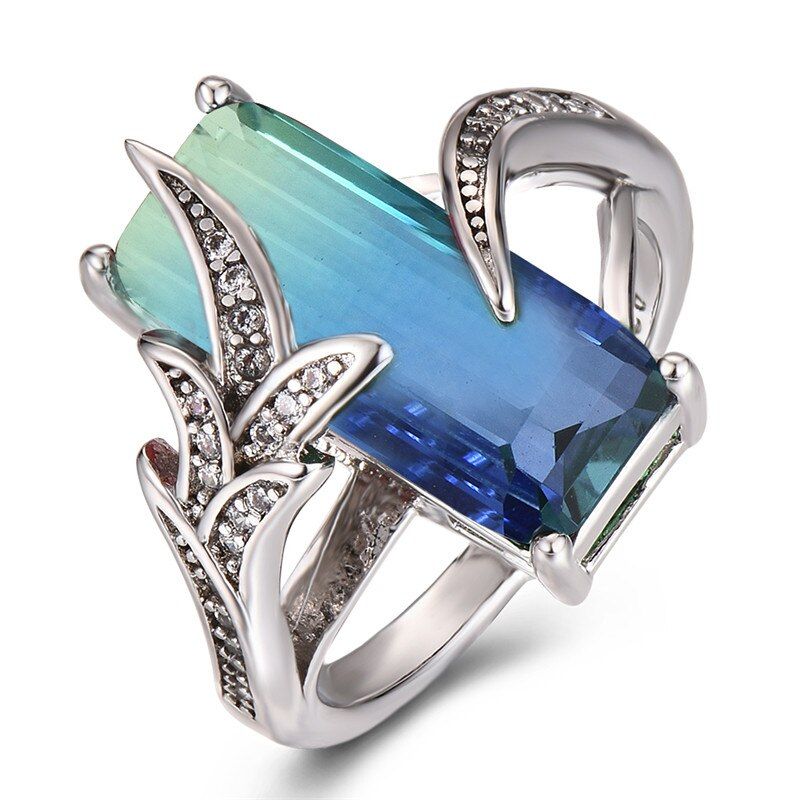 Vintage Fashion Leaf Shape Rainbow Gradient Zircon Rings For Women Silver Color Jewelry Female Multicolor Luxury Engagement Ring