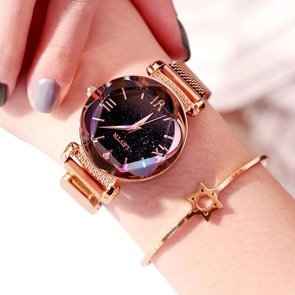 Women Luxury Starry Dial Rhinestone Inlaid Roman Numerals Analog Quartz Watch