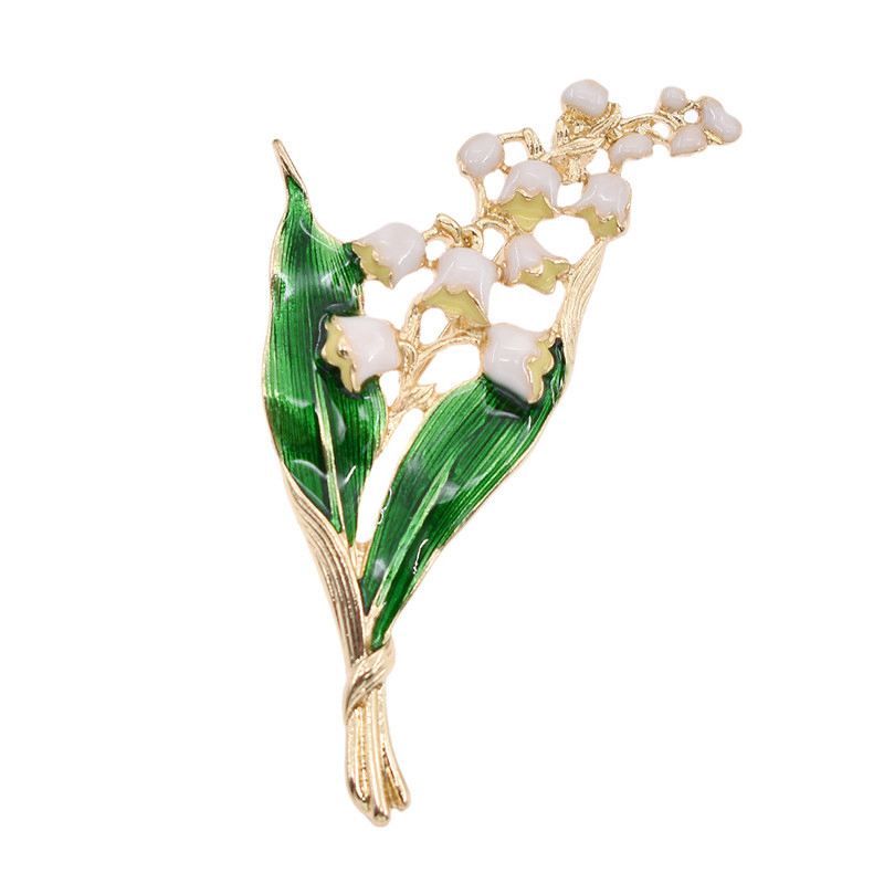 Trendy Alloy Enamel White Floral Leaf Brooch Lily of The Valley Gold Color Brooch Pin   Jewelry for Women