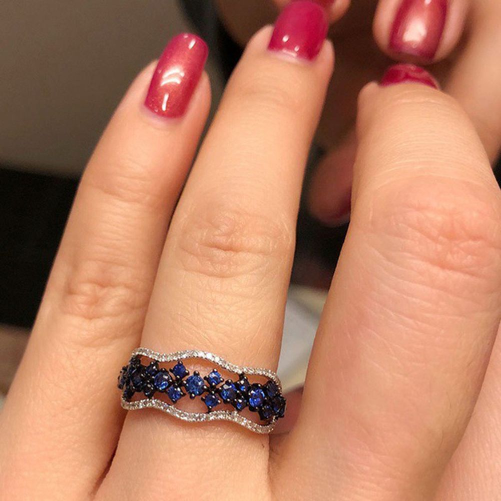 Women Faux Sapphire Inlaid Hollow Band Finger Ring Wedding Proposal Jewelry Gift