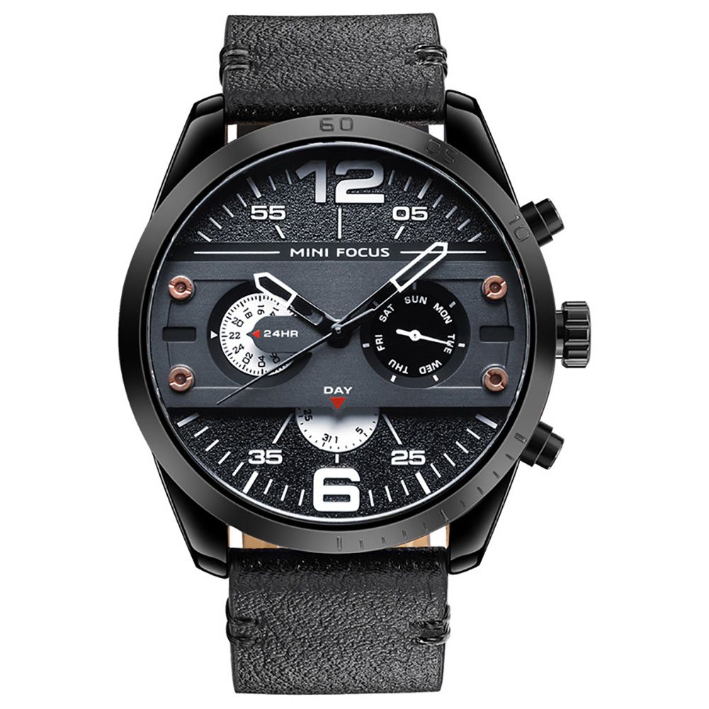 Men Sports Watch Japanese Quartz Month Date 24-Hour Display enuine Leather Strap Waterproof Wristwatch