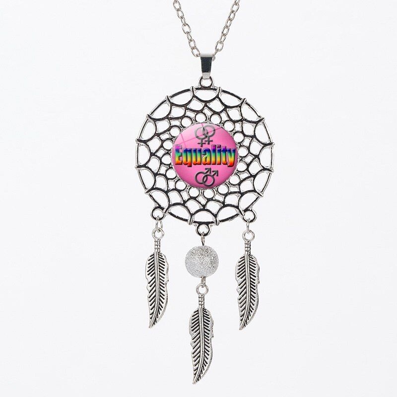 Fashion LGBT Pride Dream Catcher Necklace Feather Tassel Long Necklaces For Women Silver Plated Lesbian Rainbow Pendants Jewelry