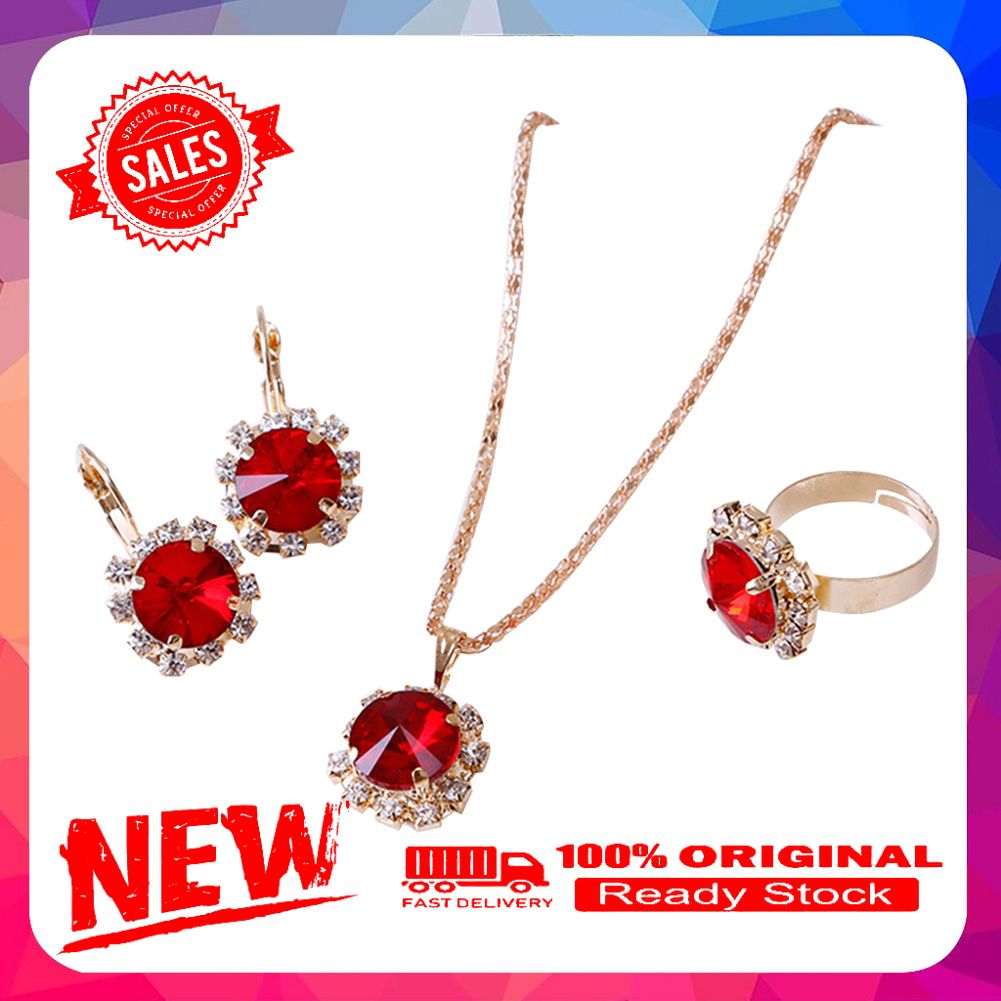 Fashion Women Circle Rhinestone Necklace Earrings Ring Pendants Jewelry Set