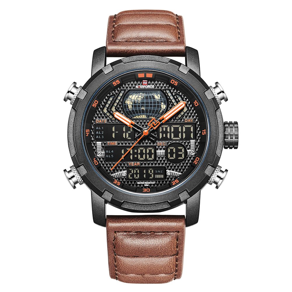 Yfashion Naviforce Men Quartz Digital Watch Year Month Week Date Waterproof Leather Strap Sports Wristwatch