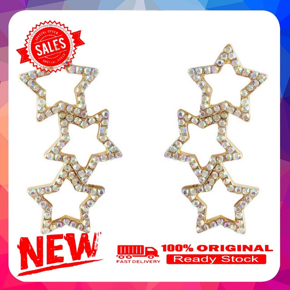 Women Colorful Rhinestone Hollow Star Linking Dangle Ear Stud Earrings Jewelry