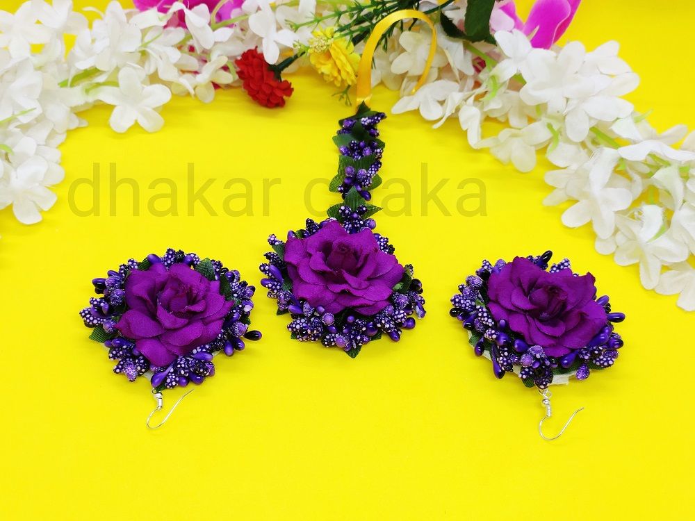 Artificial Flower Jewellery Set-Earring And Tikli
