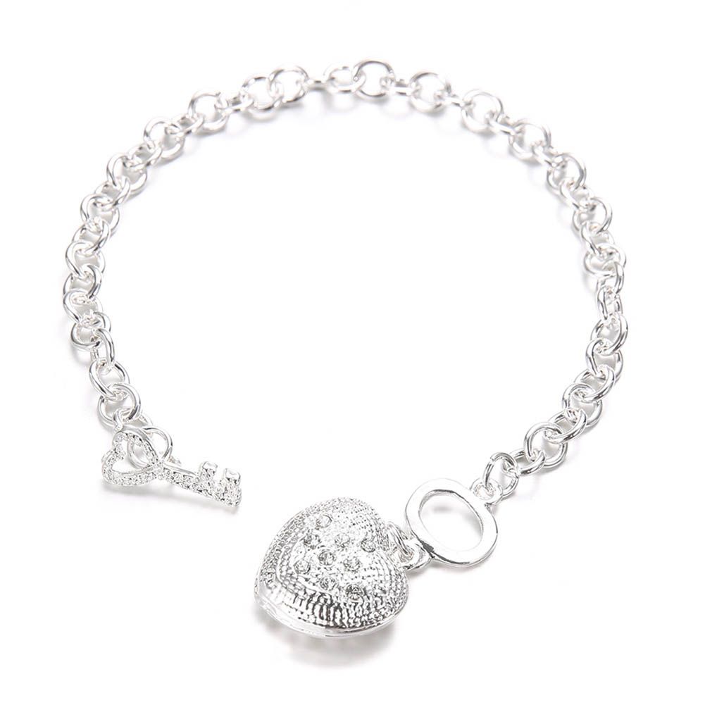 Fashion Women Love Heart Key Charm Rhinestone Chain Bracelet Bangle Jewelry