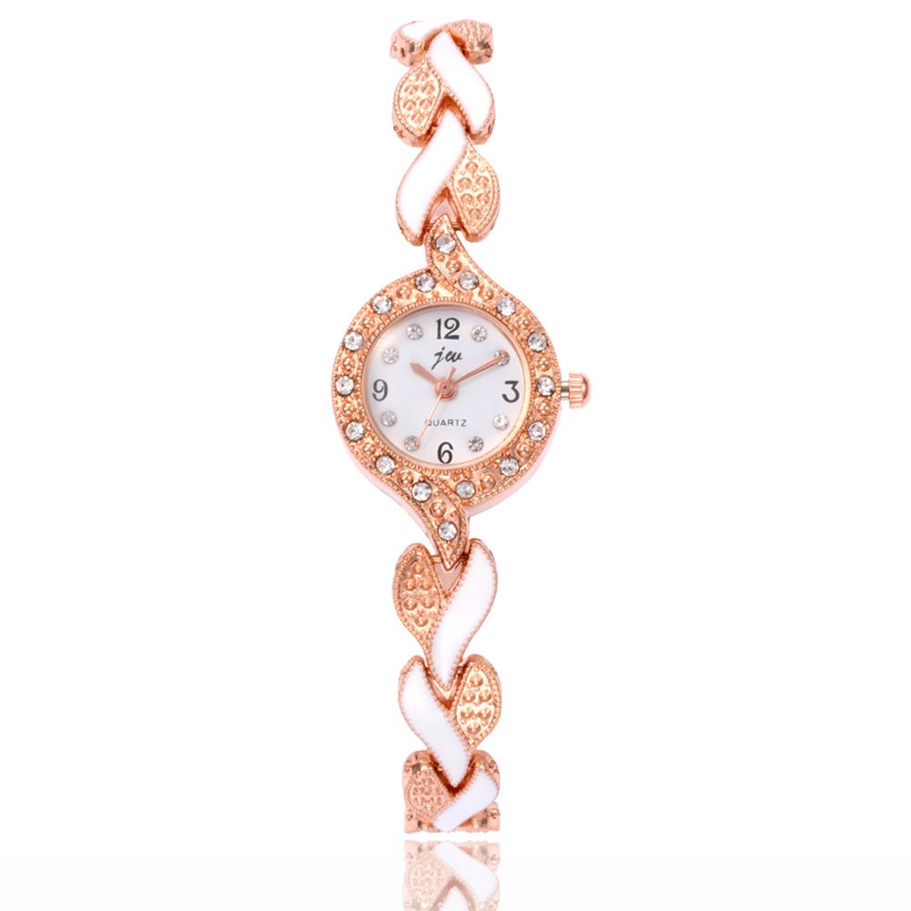 Fashion Women Rhinestone Round Dial Leaf Linked Thin Strap Quartz Wrist Watch