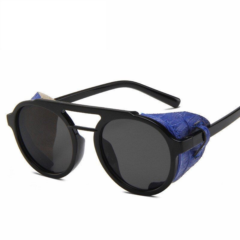 Black-BlueRound Steampunk Sunglasses Men Classic Brand Designer Vintage Punk Rivet Wrap Glasses Retro Leather Sunglasses For Male Oculos