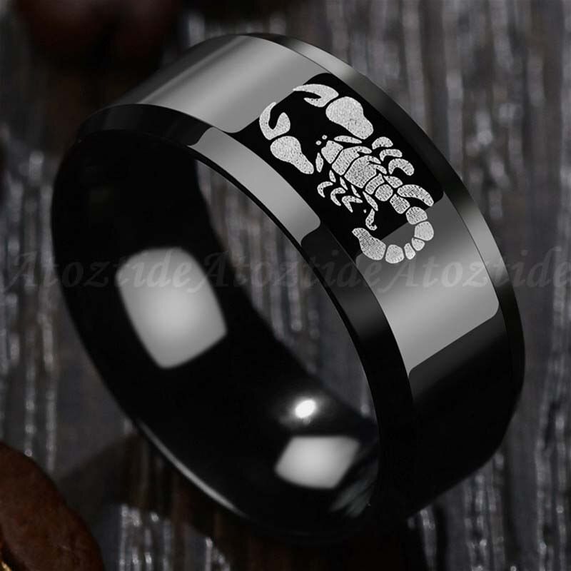 Atoztide 8mm Punk Stainless Steel Engrave Scorpion Male Ring Polished Rock Black Smooth Rings Titanium Wedding Band