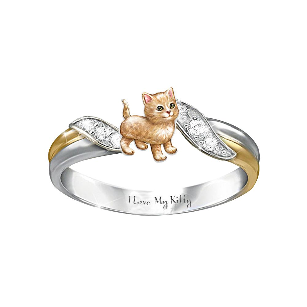 Women Fashion Kitten Two Color Rhinestone Letters Engraving Design Ring Jewelry