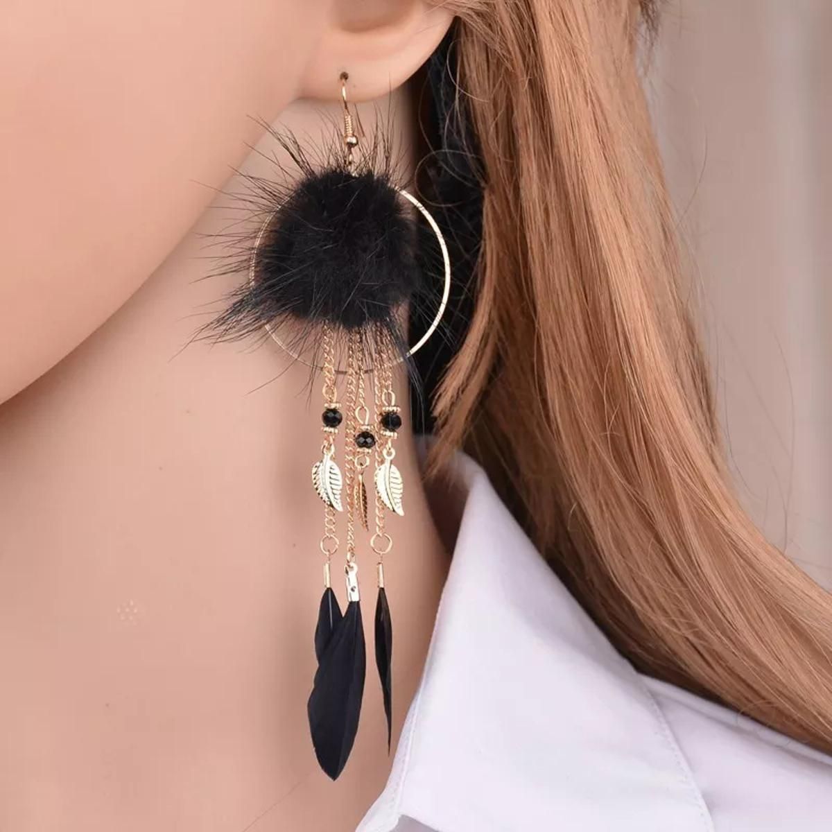Fashion Drop Statement Luxury Long Tassel Feather  Crystal Pompom Hanging For Women Earring