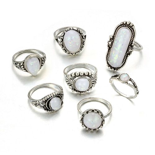 Tocona 7pcs/Set Vintage Antique Silver Color Opal Crystal Carved Midi Rings Set for Women Knuckle Finger Rings Boho Jewelry 5887