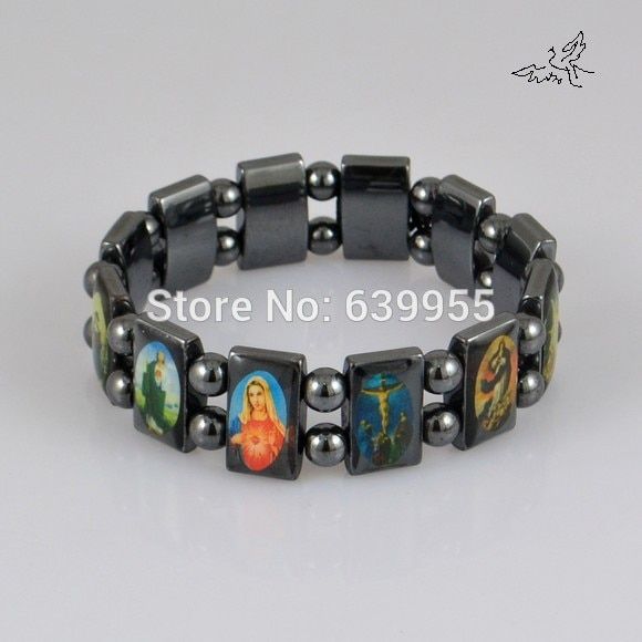 18mm Black Hematite Rosary Beads Bracelet JESUS SAINTS Maria Angel Fashion Catholic Christian Religious Jewelry
