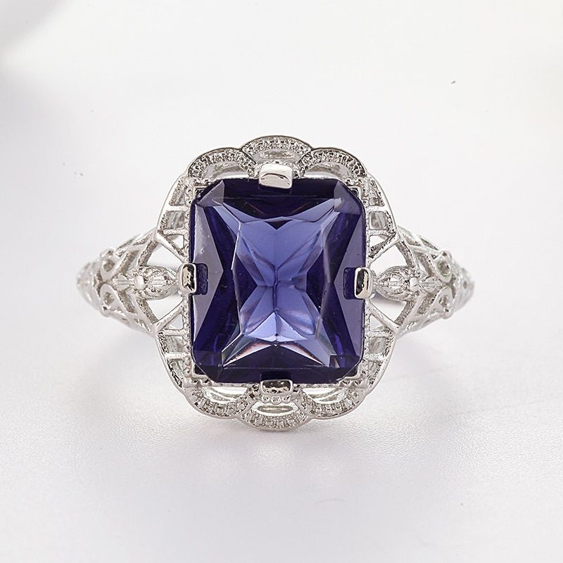 Princess Dark Blue Stone Rings for Women Gift Hollow Out Silver Color Ring Luxury Jewelry Large Ring Bague Femme Anillos Mujer