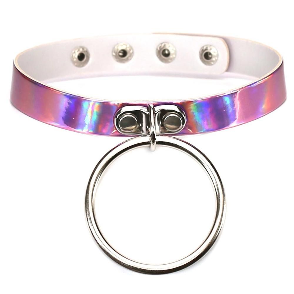 Reflective holographic choker PU Leather Chocker Handmade Metal Laser Collar Punk Gothic Necklace
