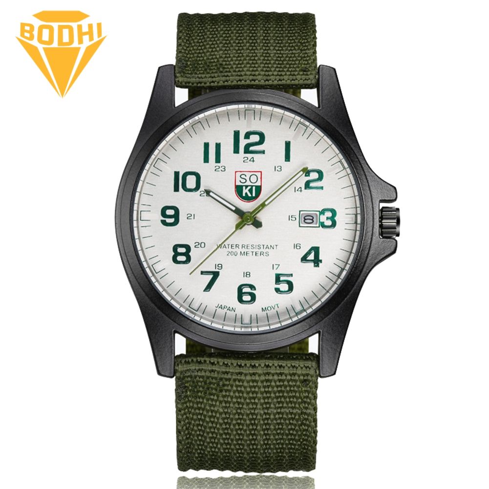 BODHI Fashion Men Weave Nylon Band Round Dial Calendar Analog Quartz Sport Wrist Watch