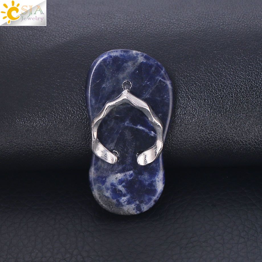 CSJA Natural Stone Slipper Pendants Flip Flop Shoe Fit for DIY Necklace Flat Bead Purple Crystal Red Onyx Pendant Women Men F332