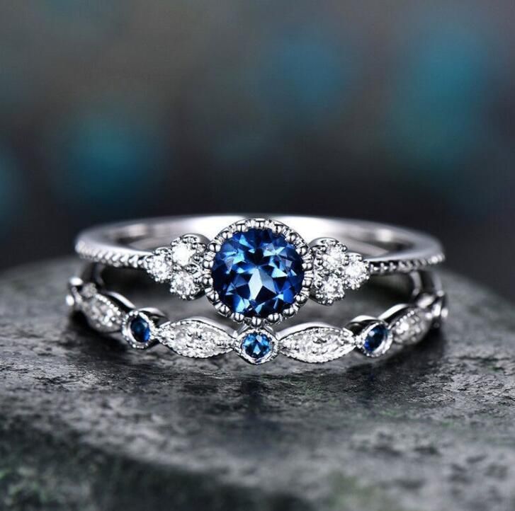 Boho Female Purple Round cut AAA+ CZ Crystal Ring Set Brand Luxury Promise Silver color Ring Bridal Wedding Rings For Women