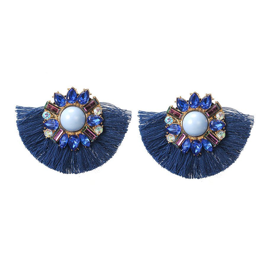Colored rhinestone gemstone fan-shaped tassel earrings