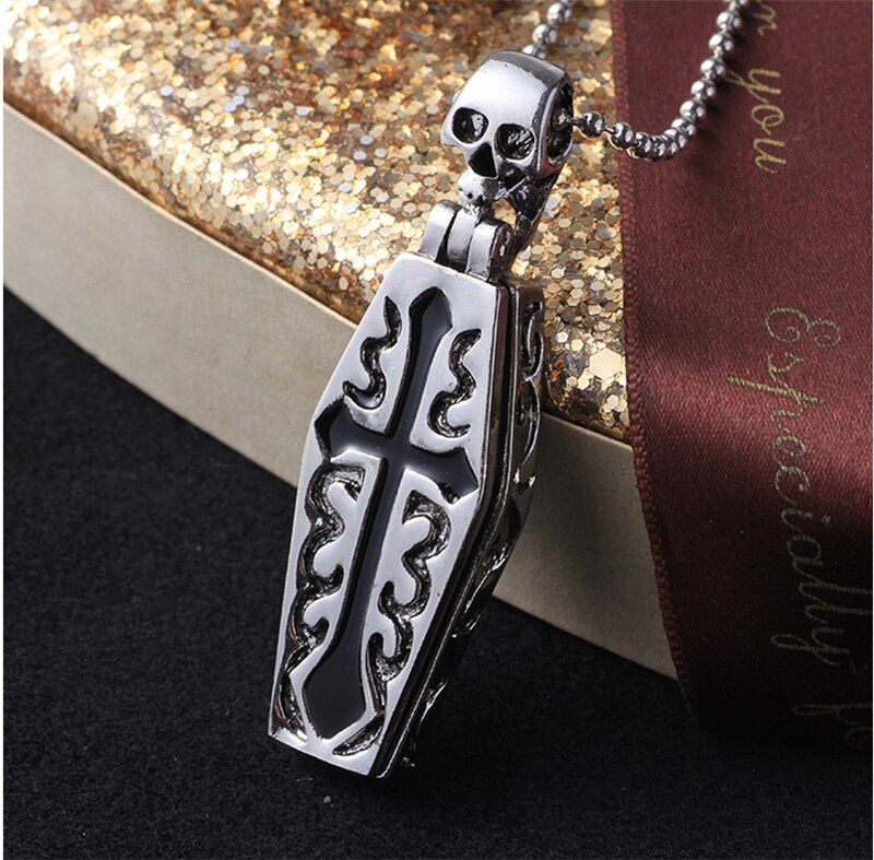 ROMAD Hiphop Cross Stainless Steel Necklace For Men Skeleton Necklace Women Skull Pendant Necklace Halloween Coffin Collar R5