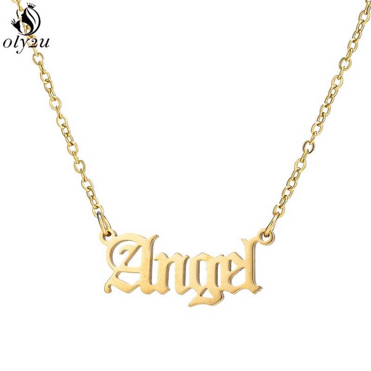 Oly2u Personalize Old English Letter Necklace Custom Babygirl Angel Honey Pendants Necklaces for Girls Kids Birthday Gift