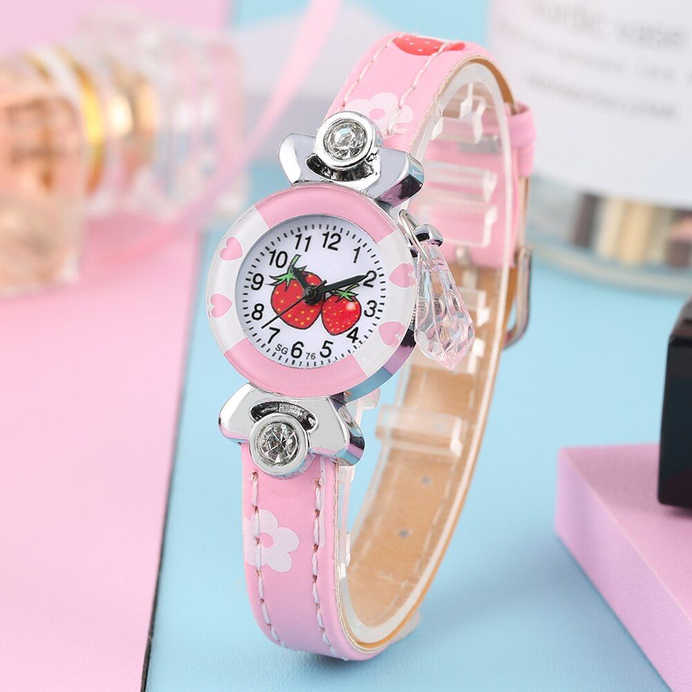 Exquisite Strawberry Pattern Arabic Number Dial Quartz Watch for Girls Leather Strap Wristwatch Gift for Kids