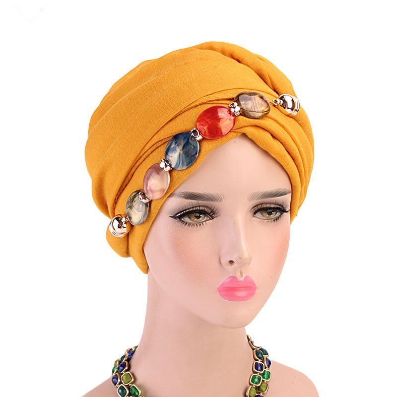 Muslim Beading Stretch Turban Ruffle Hair Hats Beanie Bandanas Scarf Head Wrap Headwear for Women 23
