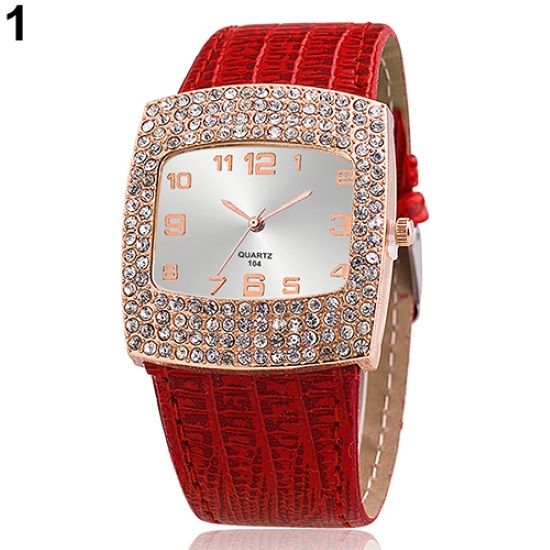 Women's Luxury Square Case Shiny Rhinestones Faux Leather Analog Wrist Watch